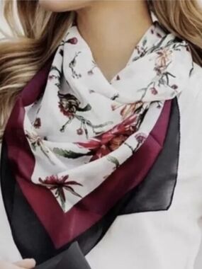 Chan Luu Floral Silk Scarf in White, Burgundy & Black